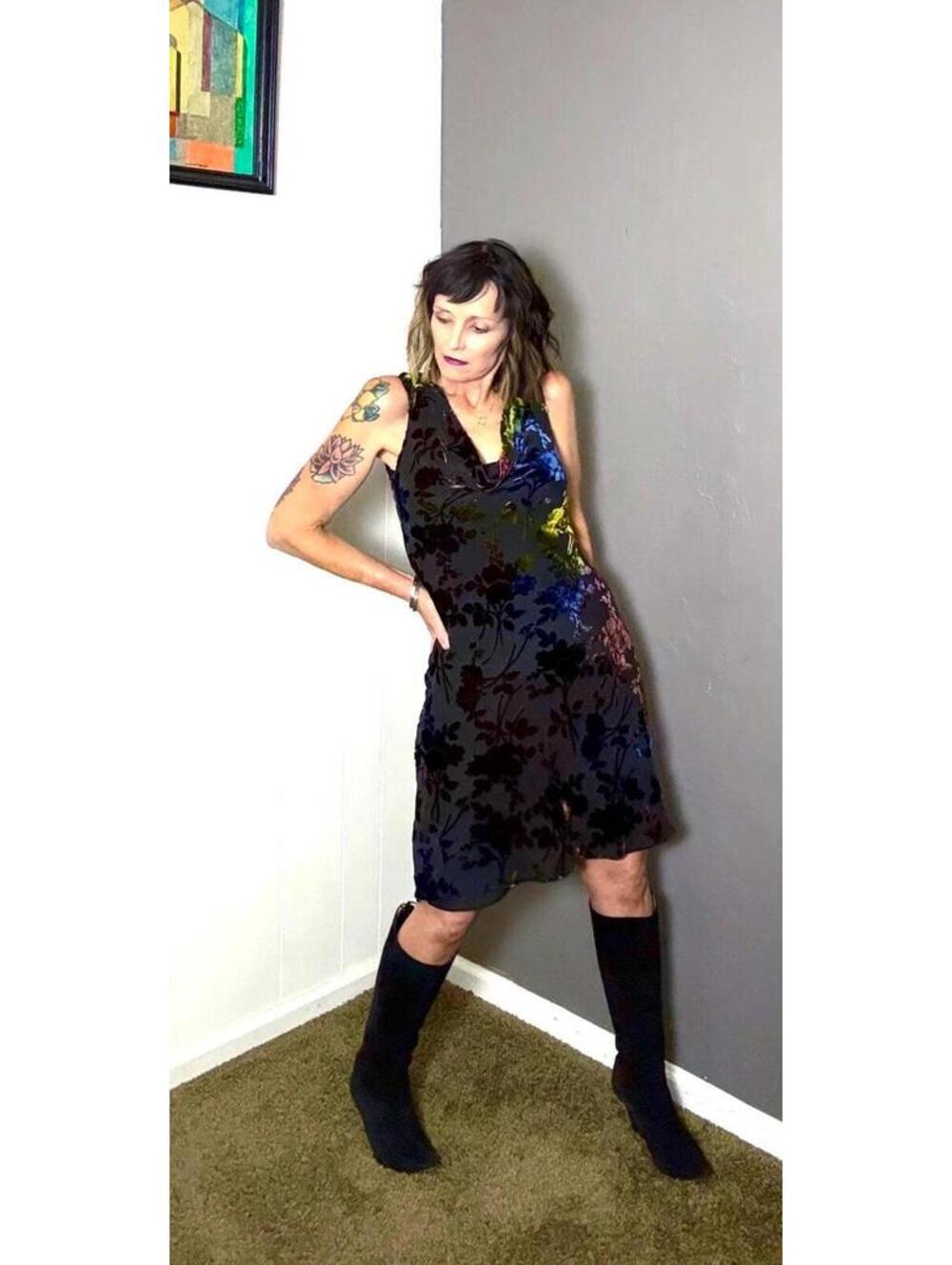1990s Velvet Burnout Bias Cut Slip Dress Cowl Neck Black Ombre by Lilly Medium